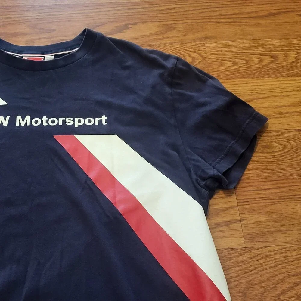Puma BMW Motorsport T-Shirt Men's Size Large Navy Blue Stripes Crew Neck - Picture 3 of 14